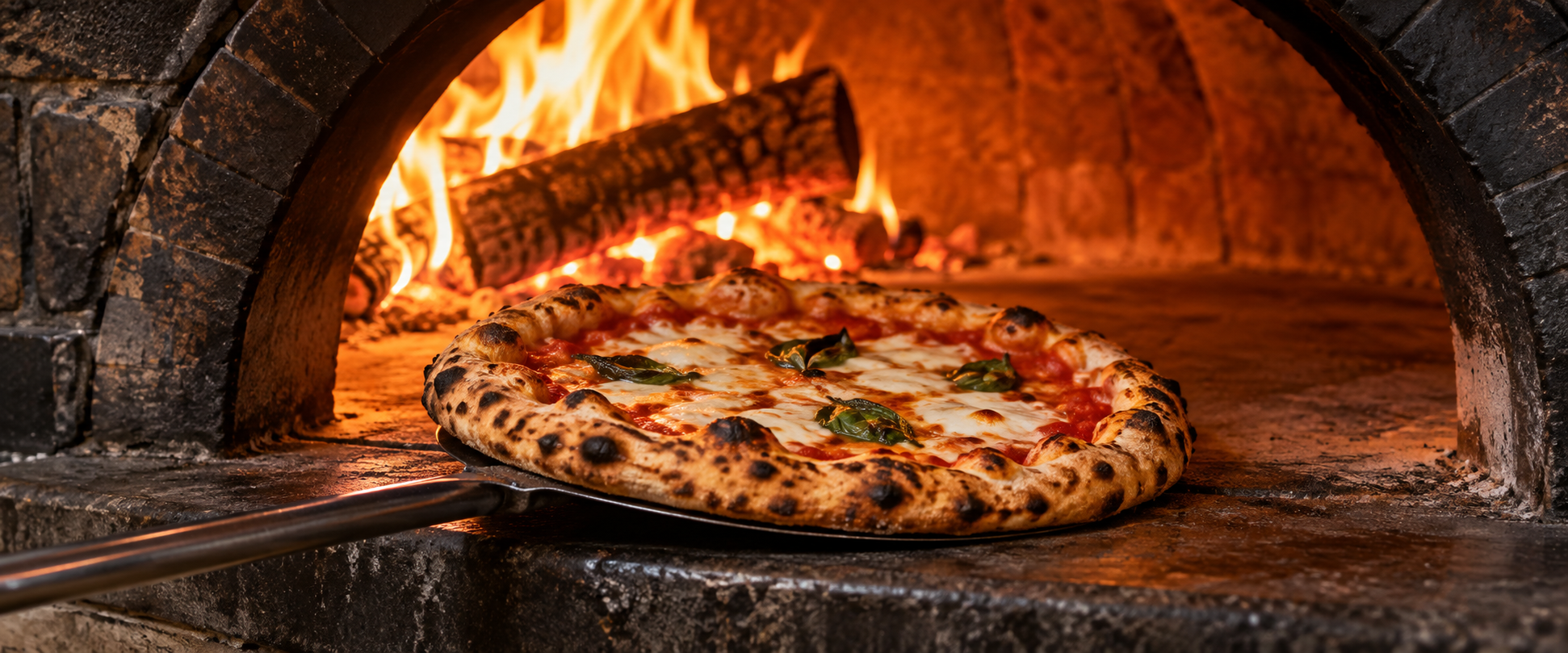 Pizza appena sfornata da un forno a legna
