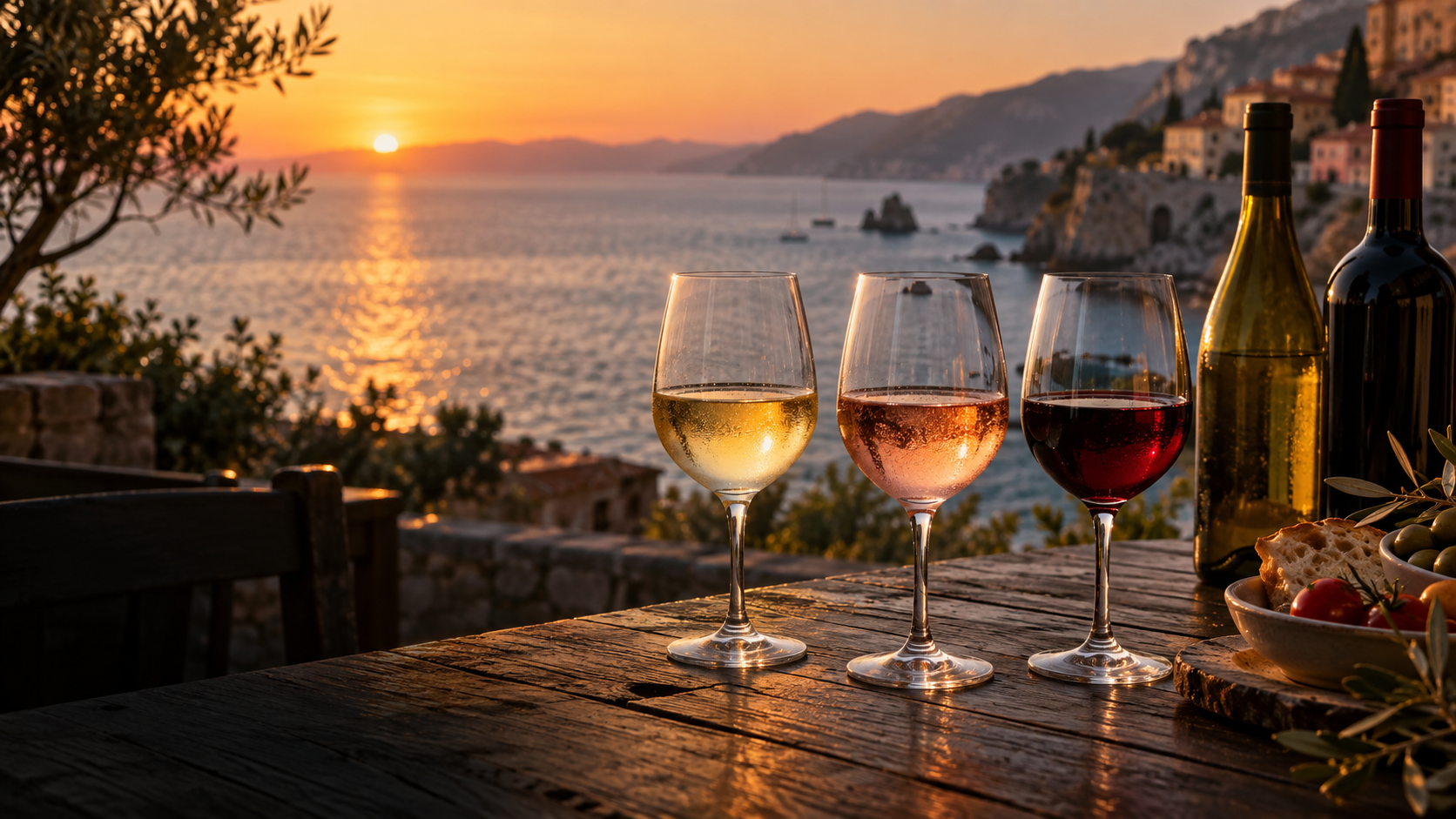Calici di vino bianco, rosé e rosso su una terrazza vista mare